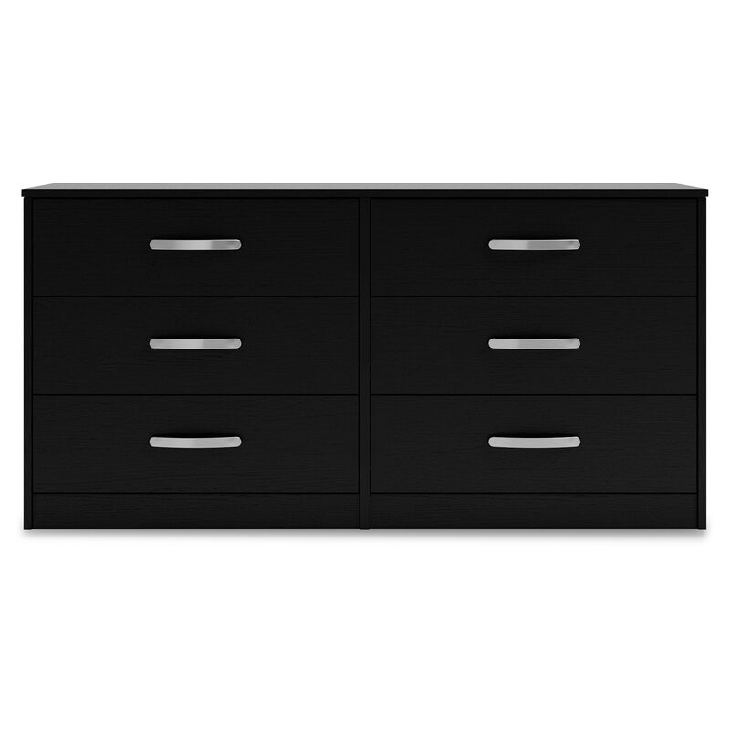 Finny Wide Dresser, 6 Drawers, Matte Black, Silver Metal, 59 Inch - Benzara