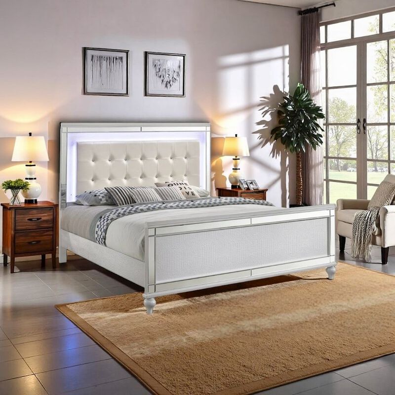 White Queen Bedframe &ndash; Solid Wood LED Bed Frame Queen with Headboard image number 2