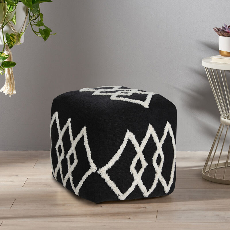 Cotton Upholstered Geometric Pouf – Round Ottoman Seat for Living Room