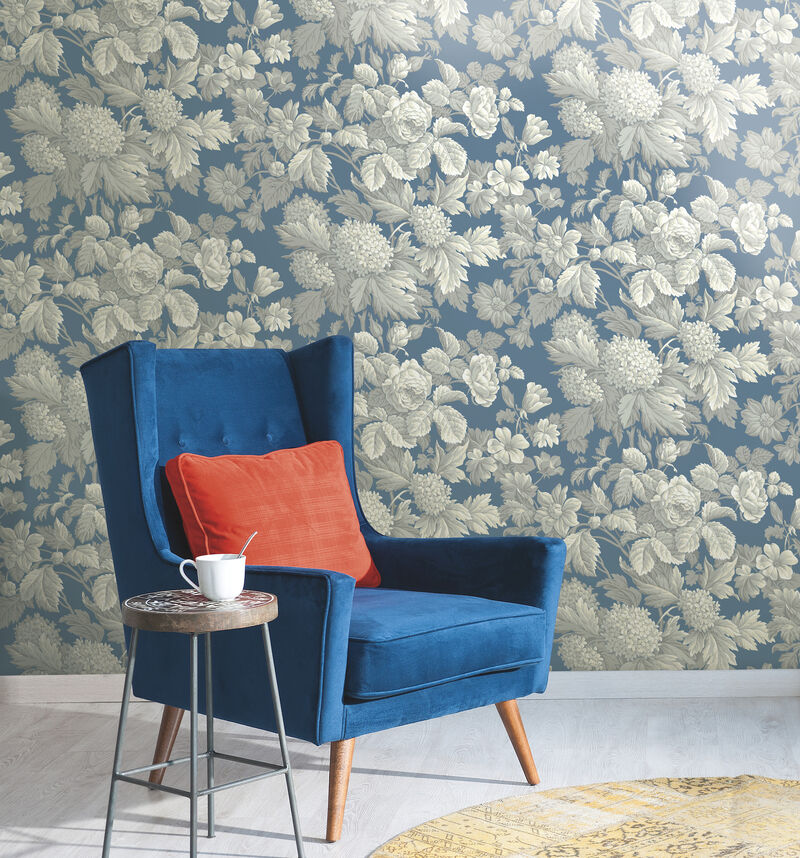 Antique Floral in Wedgewood Blue & Grey Wallpaper image number 1