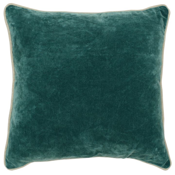 Square Fabric Throw Pillow with Solid Color and Piped Edges, Teal Green - Benzara