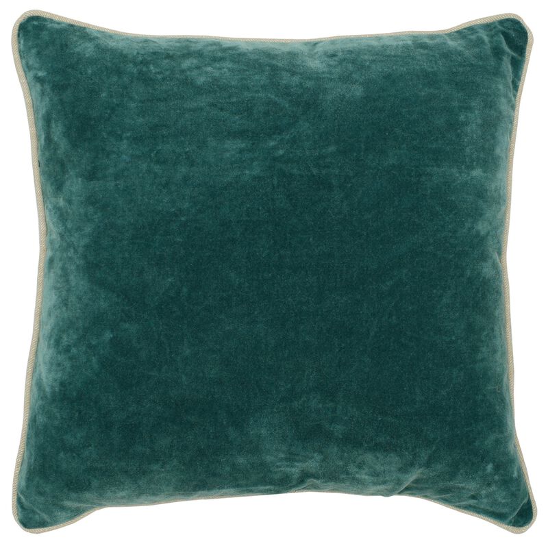 Square Fabric Throw Pillow with Solid Color and Piped Edges, Teal Green - Benzara