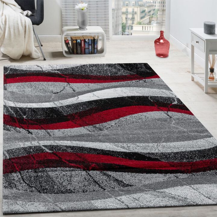 Modern Abstract Designer Rug in Grey Red with Wave Effect
