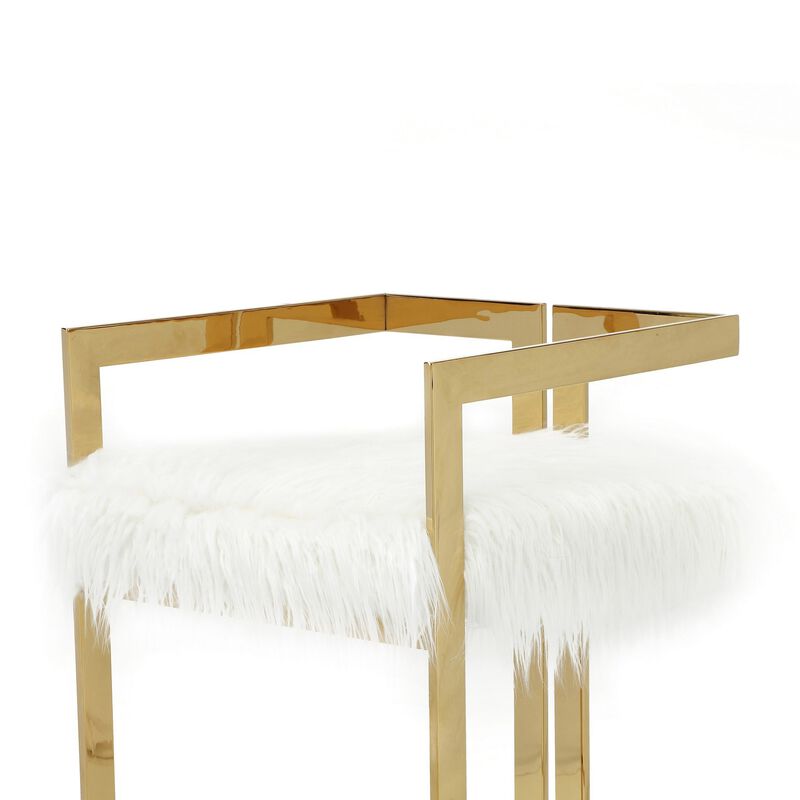 Suki 30 Inch Barstool Chair, White Faux Fur Seat, Stainless Steel, Gold - Benzara
