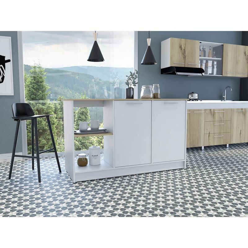 DEPOT E-SHOP Coral Kitchen Island, Two Cabinets, Countertop, Four Open Shelves-Light Oak/White, For Bathroom