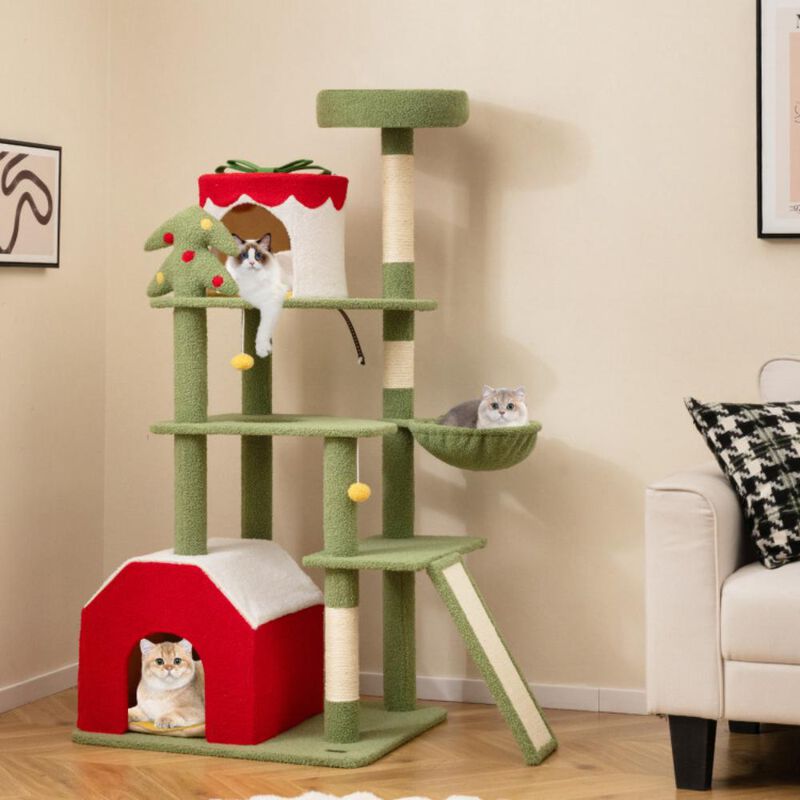 Hivvago 61 Inches Cute Christmas Cat Tree with Sisal Scratching Posts and 2 Condos