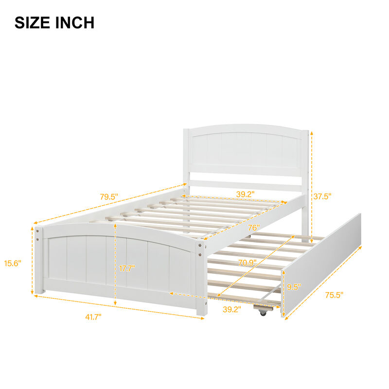 Whisen Modern Design Twin Size Platform Bed with Trundle - White