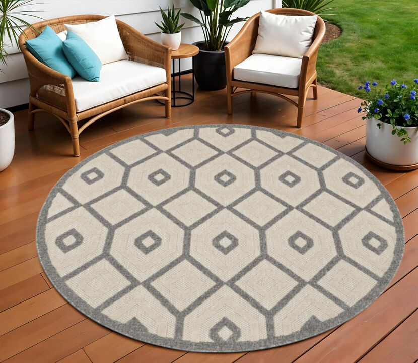 HomeRoots 8' Cream And Gray Round Geometric Indoor Outdoor Area Rug