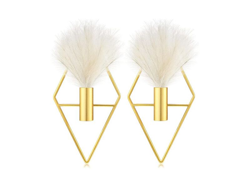 Set of 2 Boho Gold Metal Wall Planters with Artificial Pampas for Home Decor image number 0