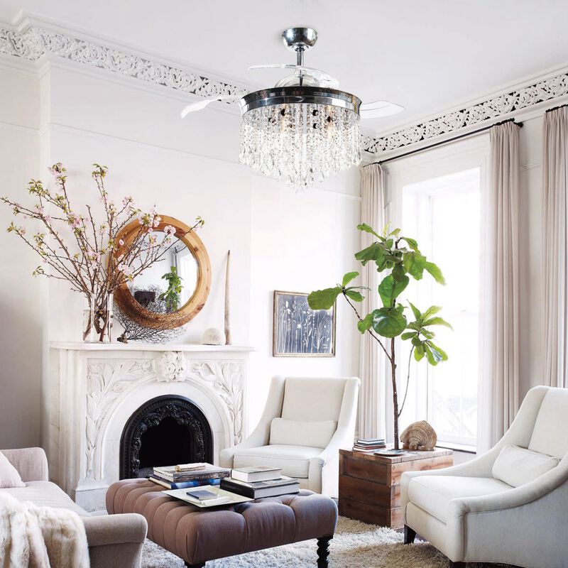 42" Modern Chrome Crystal Ceiling Fan Chandelier with Remote