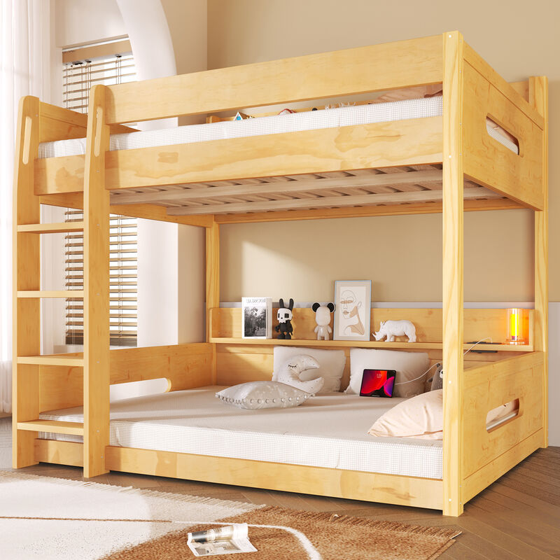 Merax Queen over Queen Wood Bunk Bed with Storage Shelves image number 3