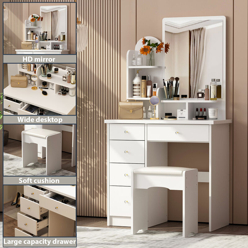 5-Drawers White Makeup Vanity Table Wooden Dressing Desk With Mirror and 3-Tier Storage Shelves 55.1 x 31.5 x 15.7 In.