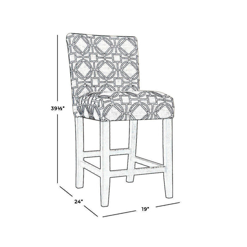 Wooden 24 Inch Counter Height Stool with Trellis Pattern Fabric Upholstery, Cream and Gray