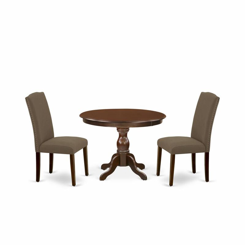 East West Furniture HBEN3-MAH-18 3 Piece Dining Table Set - Mahogany Dining Table and 2 Dark Coffee Linen Fabric Upholstered Dining Chairs Button Tufted Back with Nail Heads - Mahogany Finish