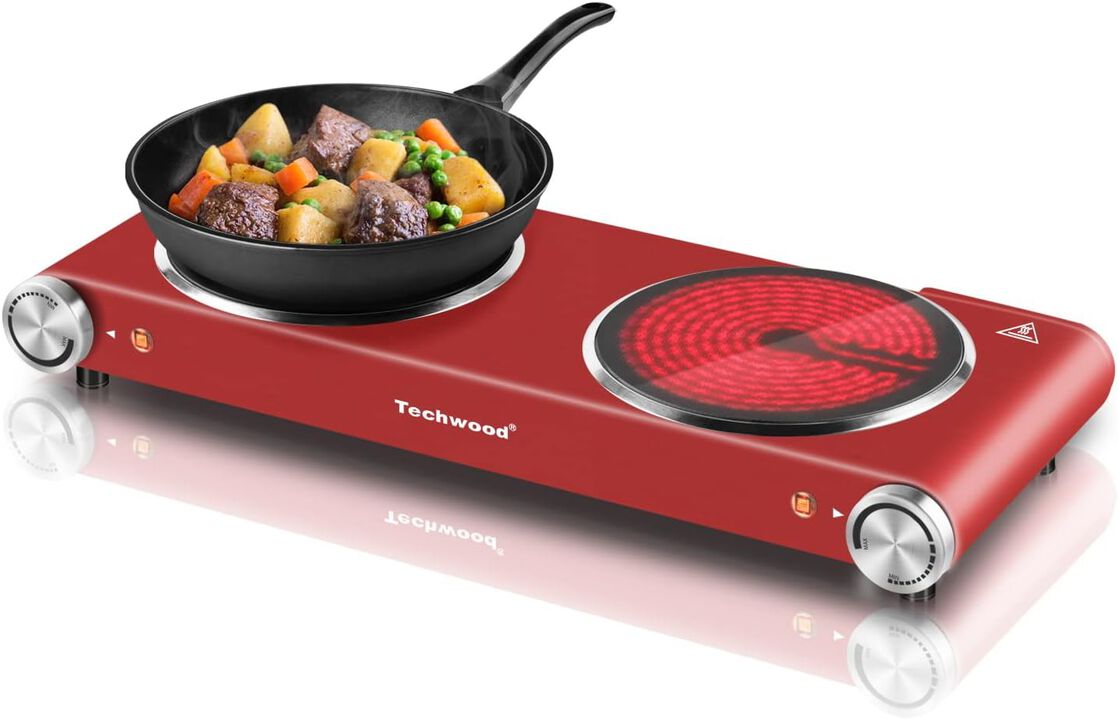 Techwood 1800W Electric Hot Plate Cooktop for Cooking, Infrared Ceramic Countertop Stove Top 2 Burners, Stainless Steel Portable Burner