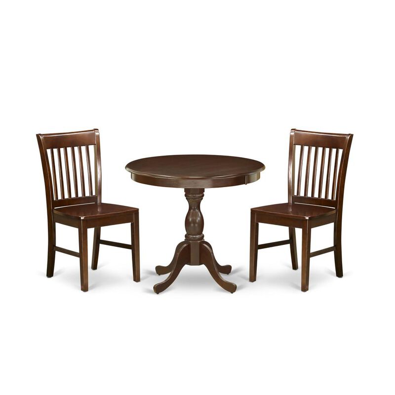 East West Furniture AMNF3-MAH-W 3 Piece Dining Room Table Set - 1 Wooden Table and 2 Mahogany Dining Chairs - Mahogany Finish