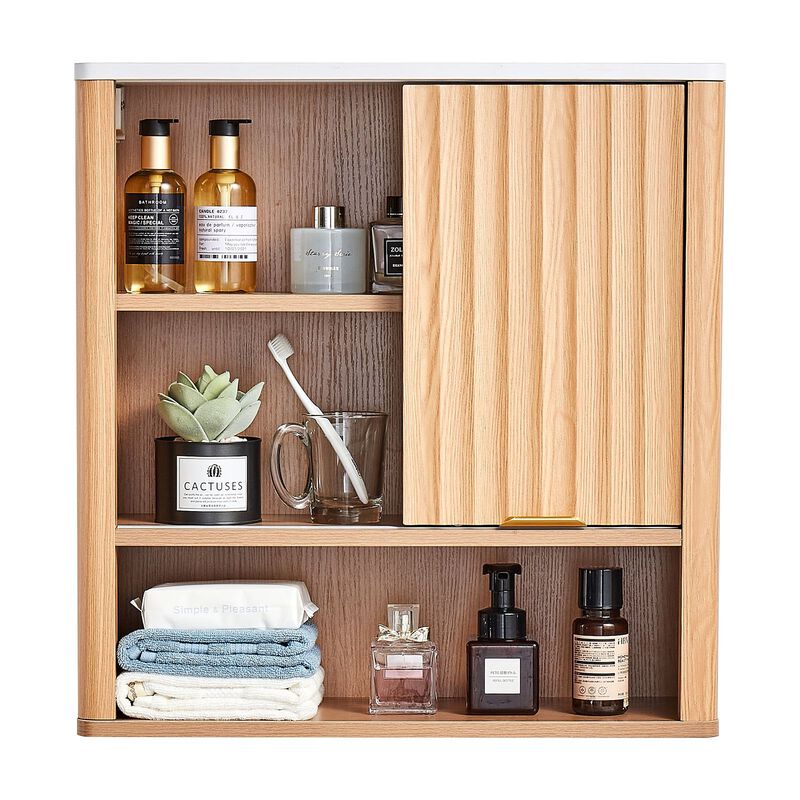 Wall Mounted Medicine Cabinet with Door, Adjustable Shelf and Open Compartments-Brown image number 4