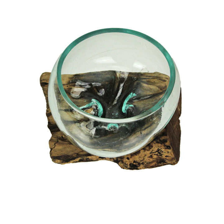Medium Wide Molten Glass on Teak Driftwood Sculptural Vase and Bowl