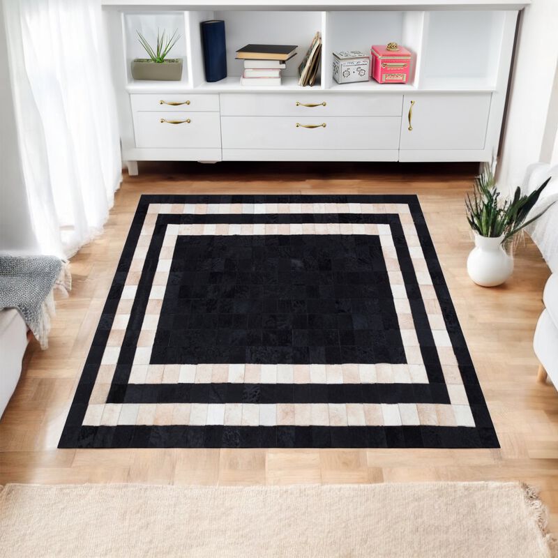 Cream Cowhide Patchwork Rug with Black Frame image number 3