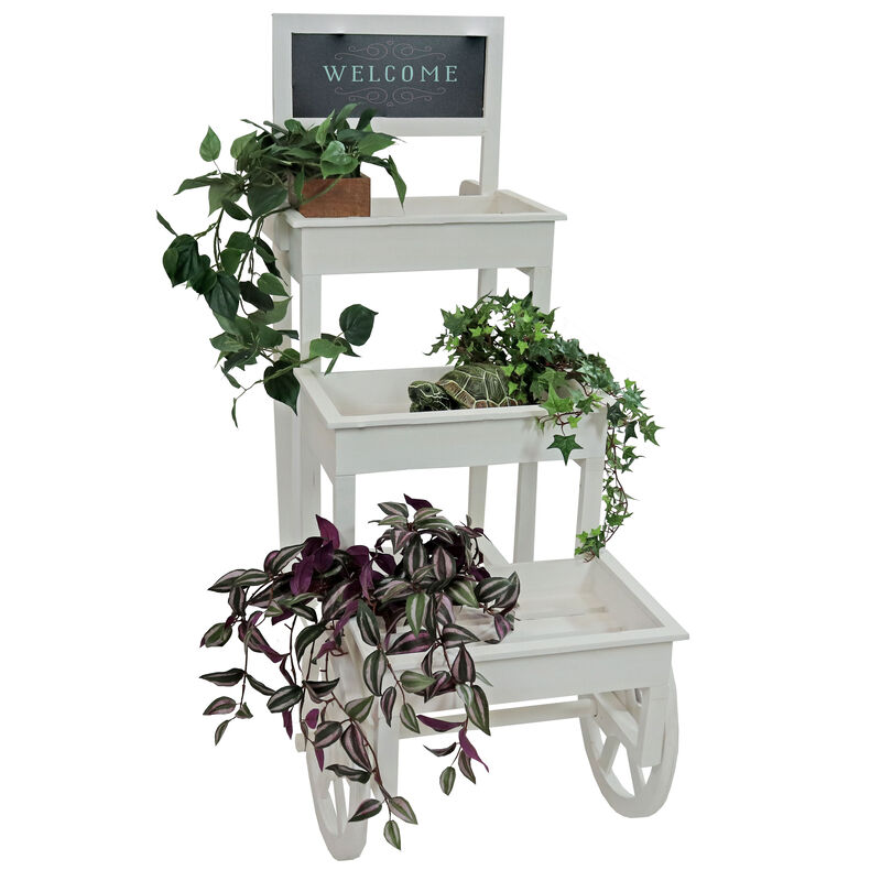 Sunnydaze 3-Tiered Fir Wood Plant Stand with Chalkboard - White