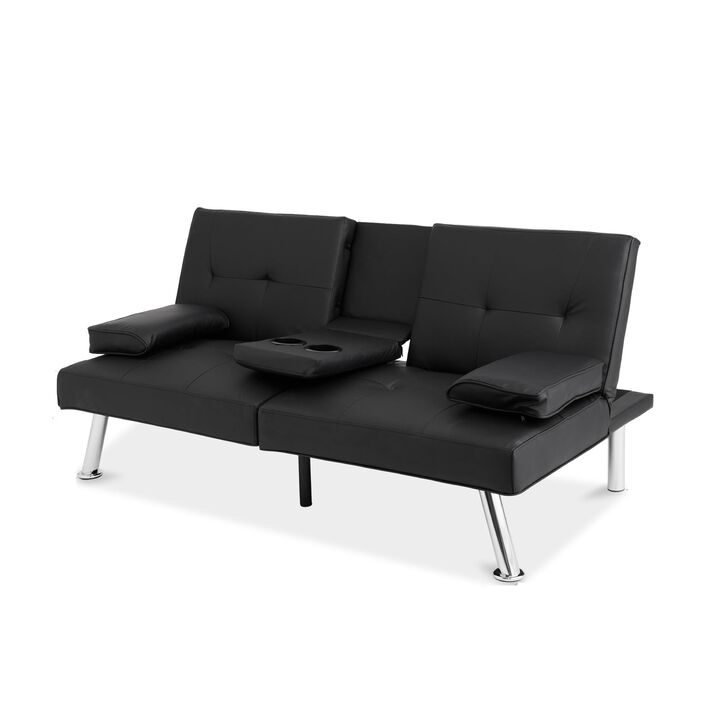 QuikFurn Black Faux Leather Convertible Sofa Futon with 2 Cup Holders