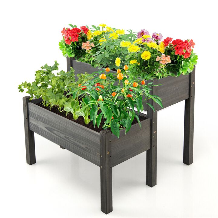 2 Tier Wooden Elevated Planter Box with Legs and Drain Holes for Balcony and Yard