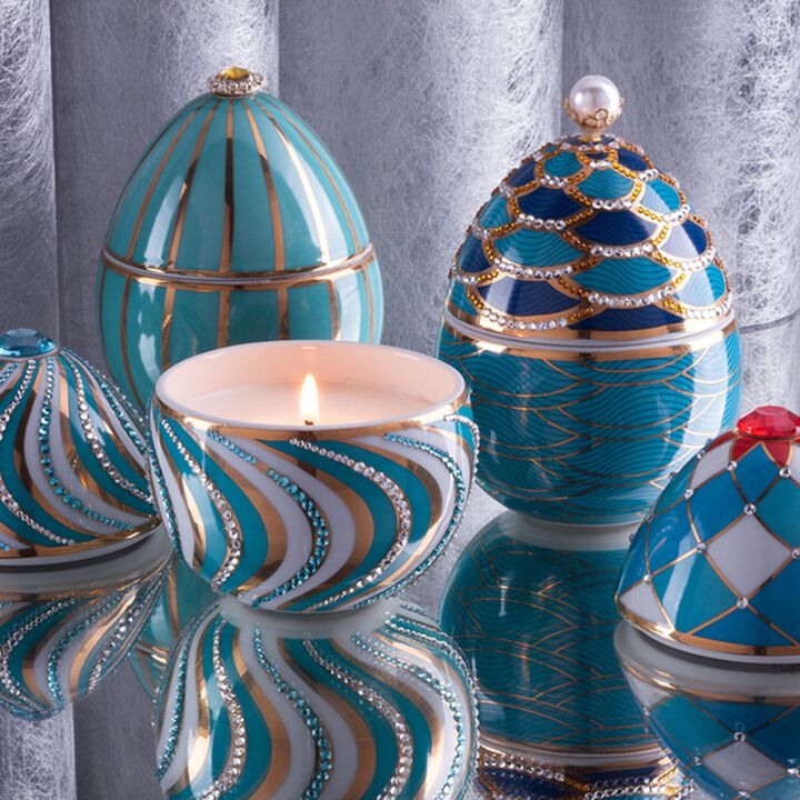 Candle in Ceramic Egg BOIS DE ROUSSIE 7 oz Blue with Gold Scales 5.12 diam. x 6.5 in