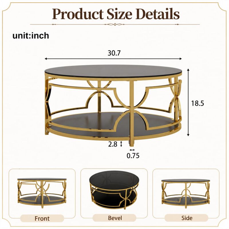GOODSILO Round Tempered Glass Coffee Table with Geometric Metal Frame, Lower Shelf for Living Rooms and Small Modern Spaces image number 1