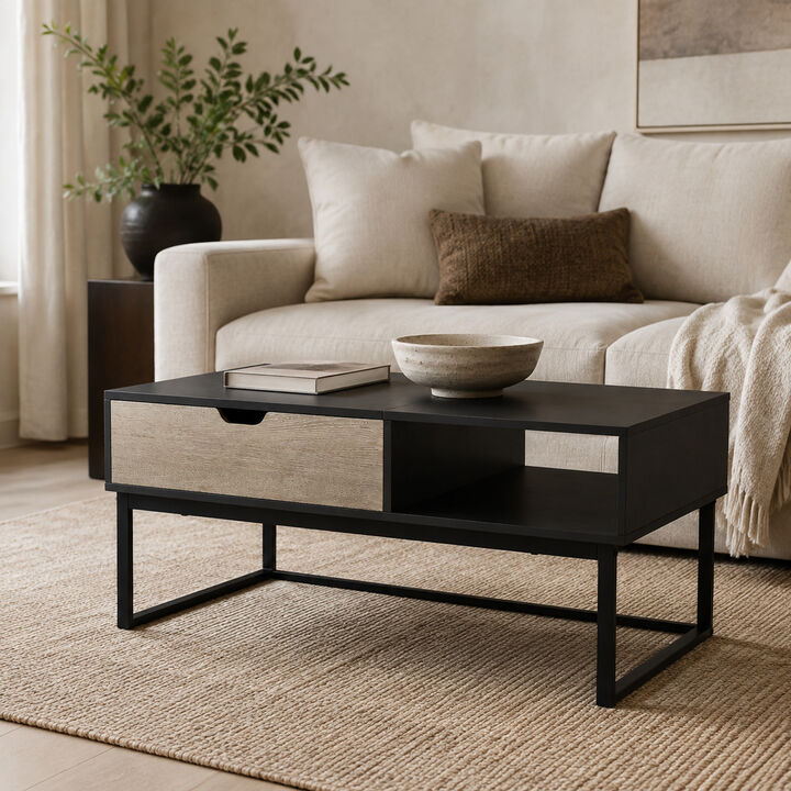 Teamson Lift Top Coffee Table with Hidden Storage, Wood Grain Finish, Metal Frame, Farmhouse Cocktail Table for Living Room