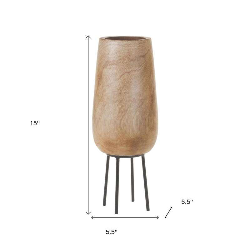 HomeRoots 15" Natural Wood And Metal Cylinder Floor Vase image number 3