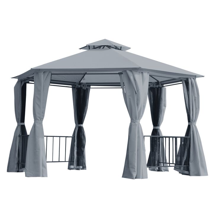 13' x 13' Party Tent, 2 Tier Hexagon Patio Canopy, Curtains, Double Vented Roof Gazebo, UV and Water Protection, Large Floor Space, Grey