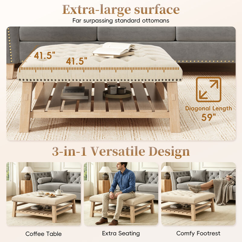Merax Tufted Ottoman Coffee Table with Nailhead Trim & Storage Shelf &ndash; Solid Wood Legs image number 4
