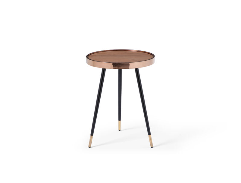 HomeRoots 24" Walnut Black And Rose Gold Wood and Stainless Steel Round End Table image number 0