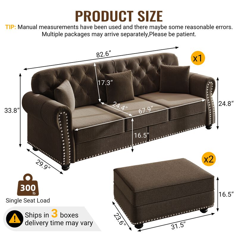 Whisen 3 Seat Velvet Upholstered Sectionals with 2 Ottomans, Nailhead Trim, Mid-Century Modern, for Living Room image number 9