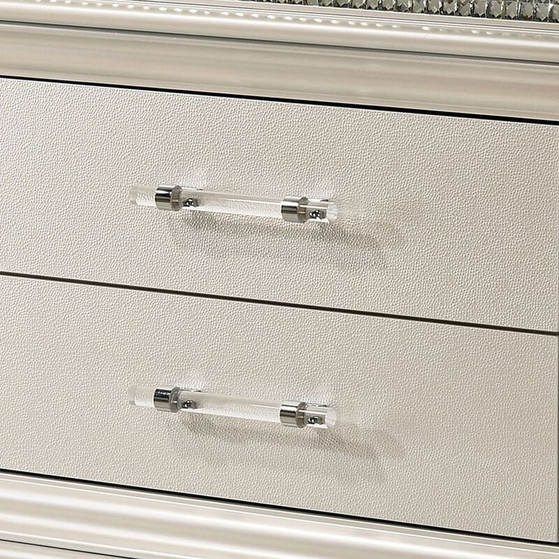 3pc King Bedroom Set, Pearl White, White, Clear, Silver Wood, 2 Nightstands image number 6