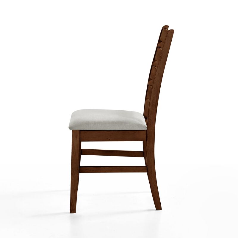 Accai Dining Chair Set of 2, Beige Polyester, Walnut Brown Rubberwood - Benzara