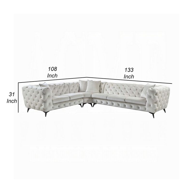 Ronia Sectional Sofa, 4 Throw Pillows, Tufted Ivory White, 133 Inch - Benzara