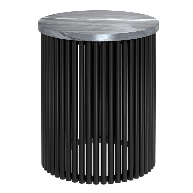 Demy 18 inch Wide Industrial Metal Accent Table in Black Genuine Marble and Black Metal, Assembled