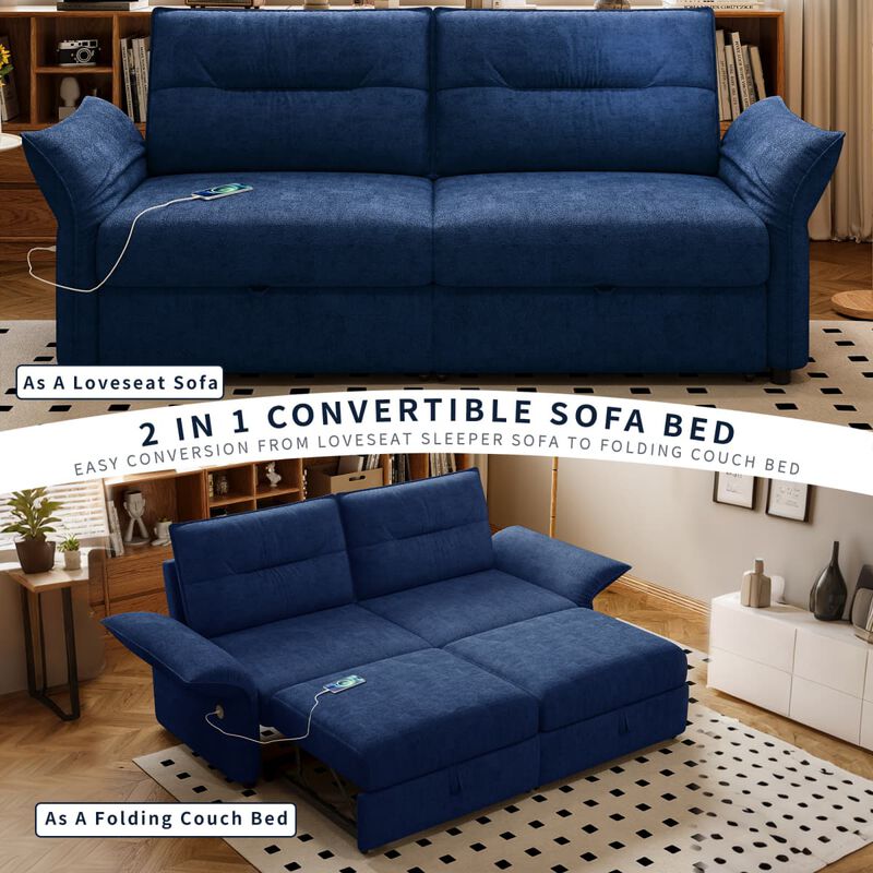 Convertible sleeper sofa bed, Plush fabric pull out futon with USB charging ports, 85 inch sofa bed for small spaces image number 5