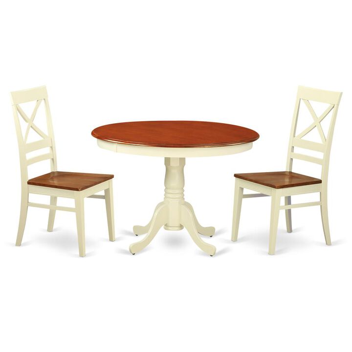 3 Pc set with a Round Small Table and 2 Leather Kitchen Chairs in Buttermilk and Cherry .