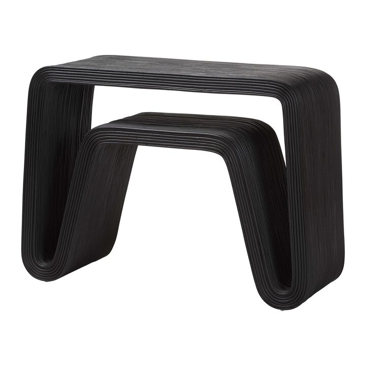 bali & pari Abebi Black Rattan Console Table - Modern Accent Table with Waterfall Silhouette and Open Hairpin Legs, Boho Coastal Style for Entryway, Hallway, or Living Room