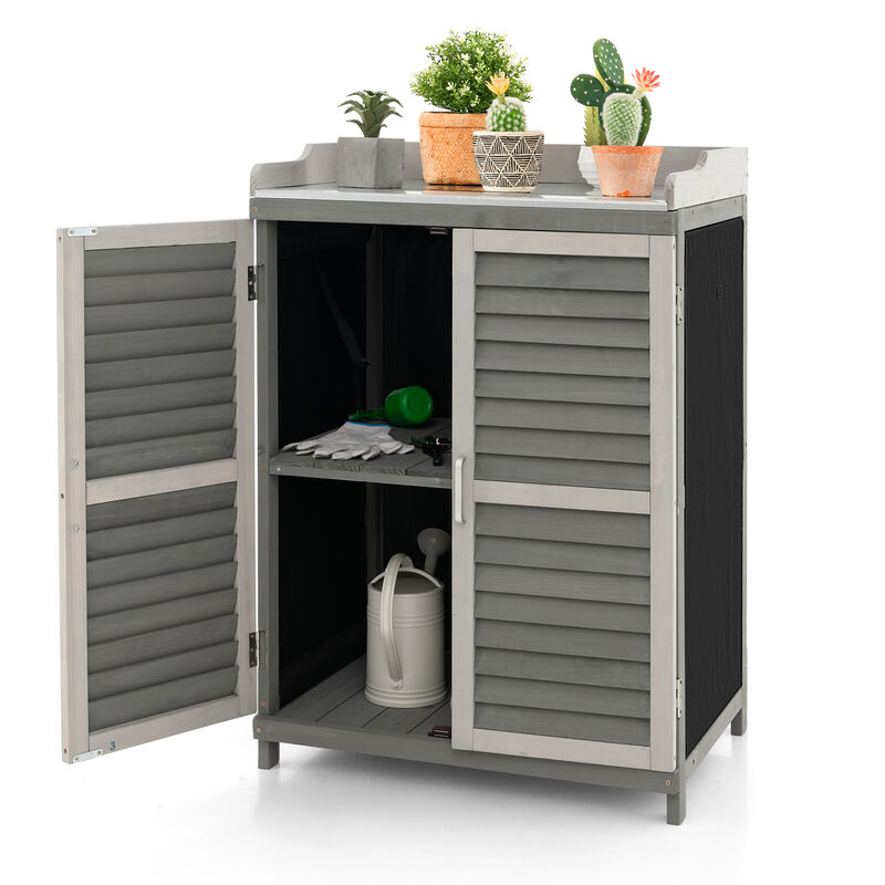 Garden Potting Bench Table with 2 Storage Shelves and Metal Plated Tabletop-Grey