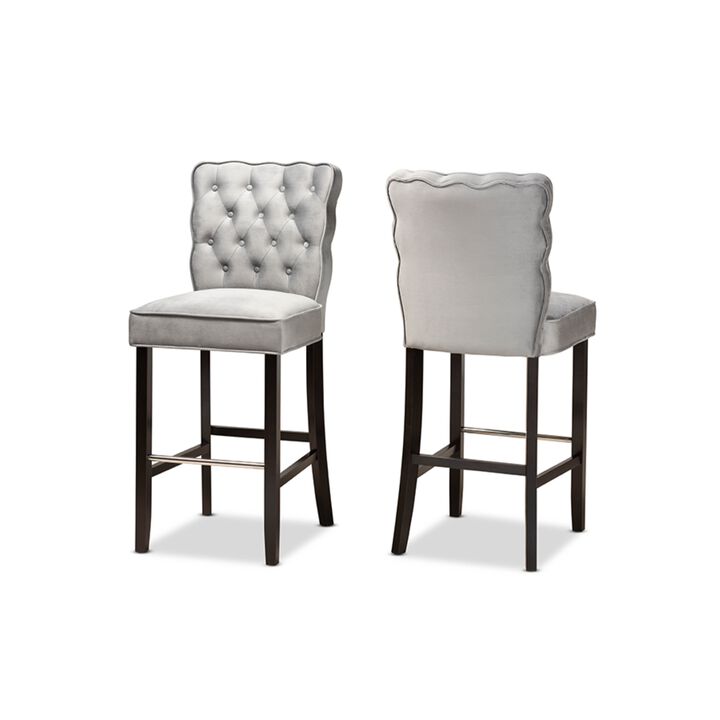 Baxton Studio Daphne Modern and Contemporary Dark Grey Velvet Fabric Upholstered and Dark Brown Finished Wood 2-Piece Bar Stool Set