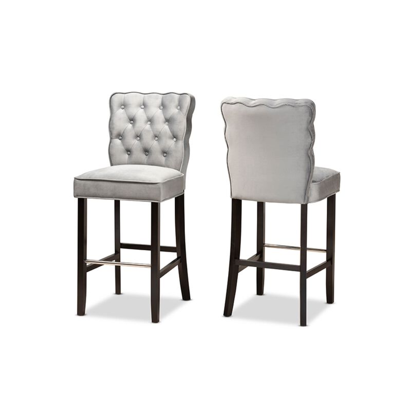 Baxton Studio Daphne Modern and Contemporary Dark Grey Velvet Fabric Upholstered and Dark Brown Finished Wood 2-Piece Bar Stool Set