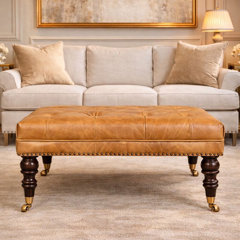 Artisan Furniture Solid Wood Tan Leather Upholstered Ottoman image number 1