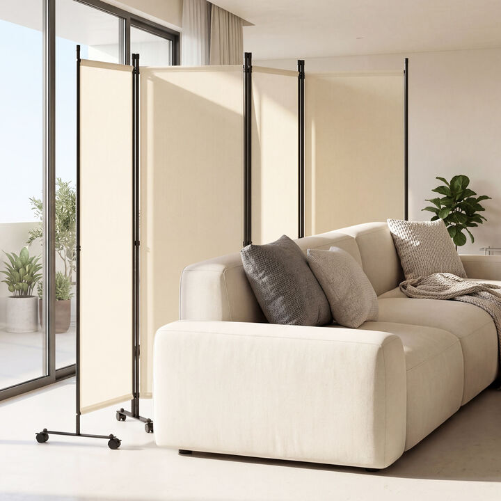 Portable 4 Panel Room Divider with Wheels, Folding Privacy Partition Screen for Home Office