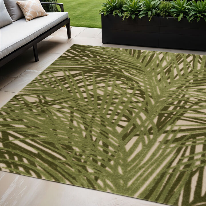 HomeRoots 5' X 8' Ivory And Green Palm Leaf Indoor Outdoor Area Rug