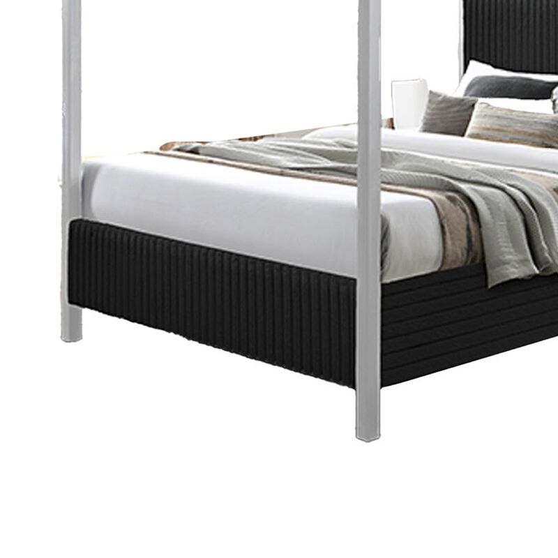 Keri Queen Canopy Bed, White Slatted Wood Frame, Black Upholstery