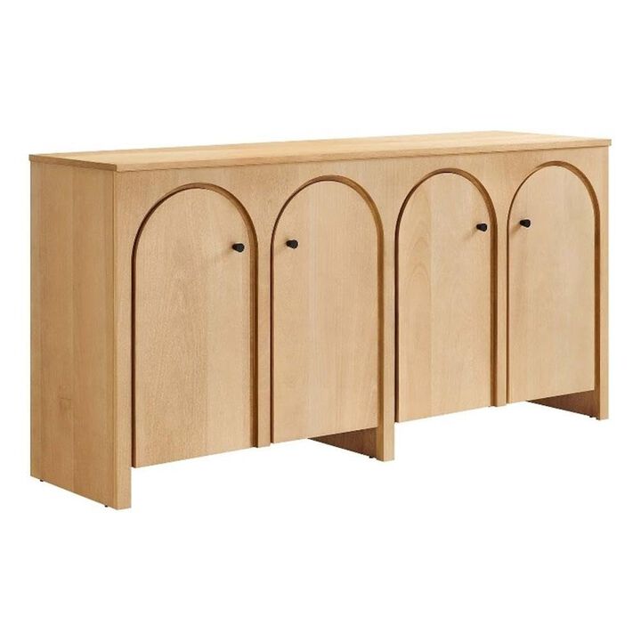 Modway Appia 71 Inch 4 Door Storage Cabinet in Walnut Wood Veneer - Arched Door Accent Credenza -Modern Sideboard - Adjustable Shelf Buffet - Mid-Century Storage Furniture - Console TV Stand