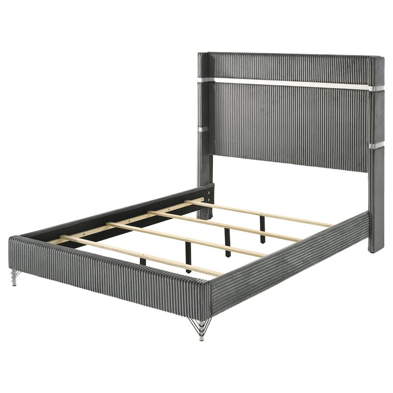Jenny Queen Size Bed, Wingback Fluted Upholstered Headboard, Gray - Benzara